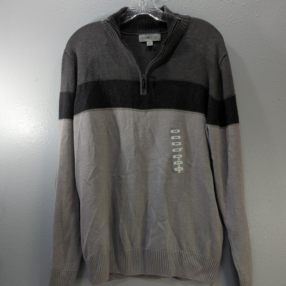 Sun‎ River Men's New Size Medium Gray Striped Mock Neck 1/4 Zip Sweater 532